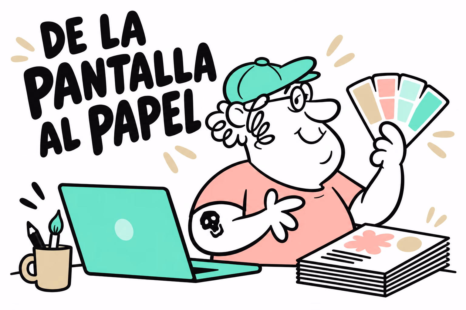 Diseñador ilustrado con un abanico de colores y piezas impresas: de la pantalla al papel
