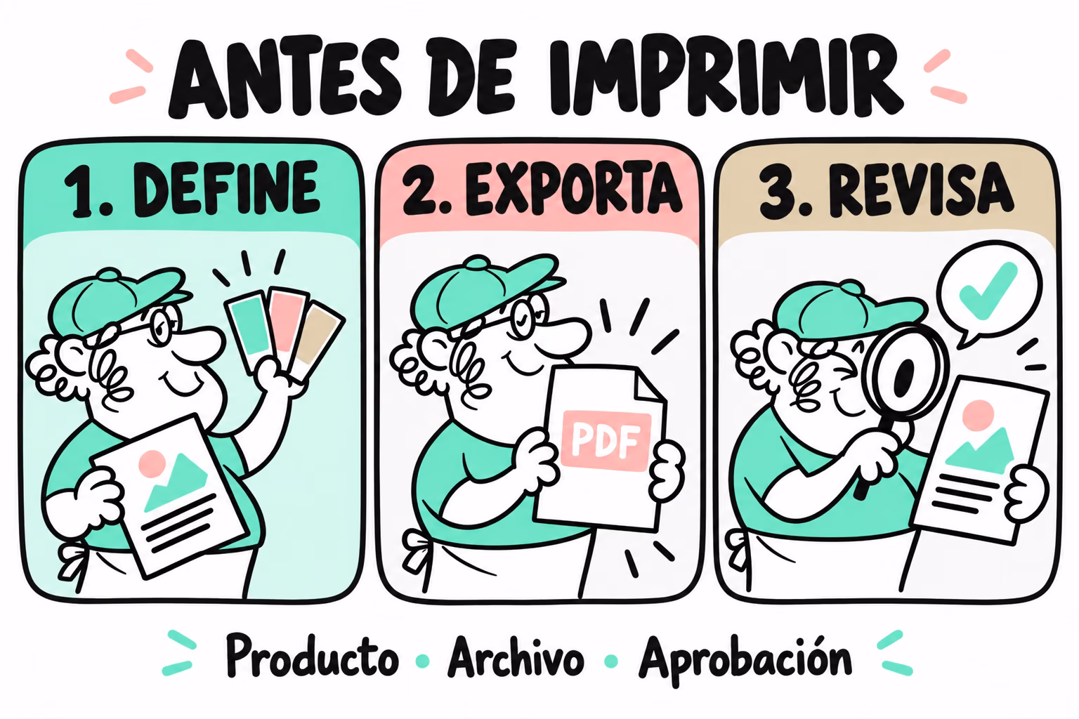 Infografía en tres pasos: define el producto, exporta el PDF y revisa el archivo antes de imprimir