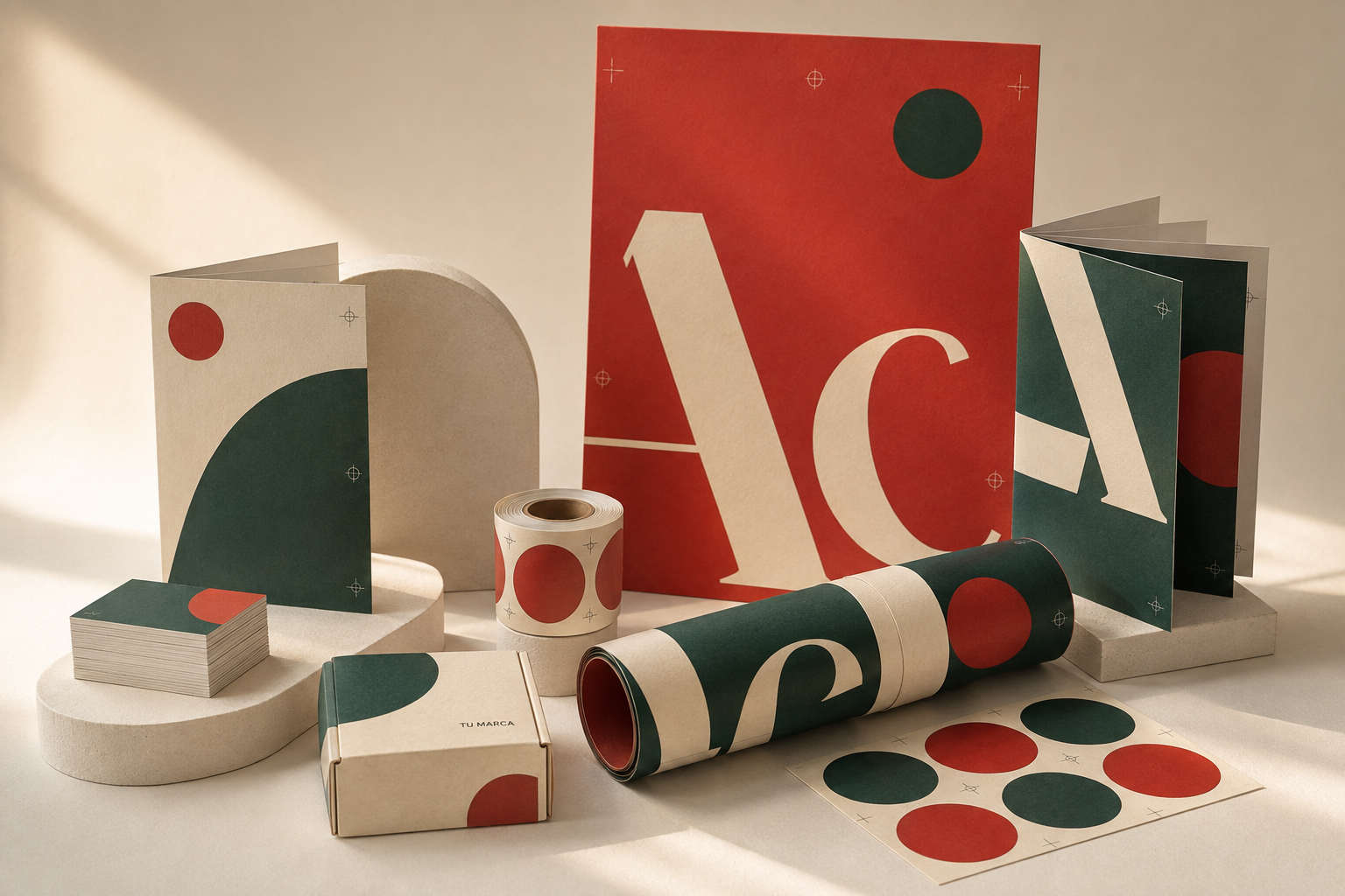 Papelería, etiquetas, cartel y packaging coordinados en verde oscuro y rojo