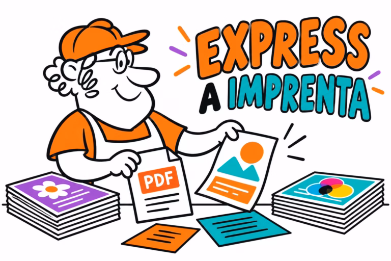 Profesionales ilustrados preparando un proyecto de adobe express para imprimir