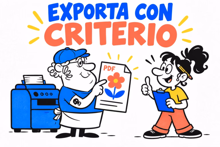 Diseñadora e impresor ilustrados revisando un PDF genérico