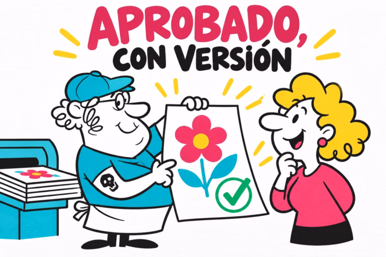 Cliente e impresor ilustrados revisando un documento con marca de aprobación