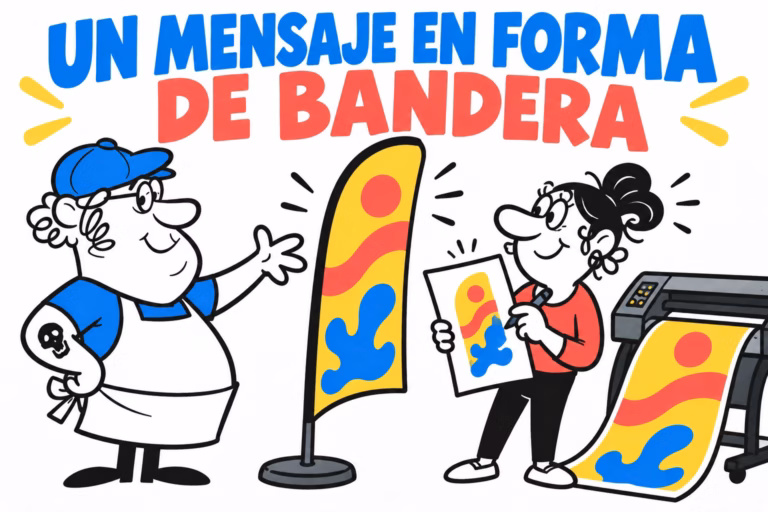 Impresor y diseñadora ilustrados revisando una bandera en forma de pluma