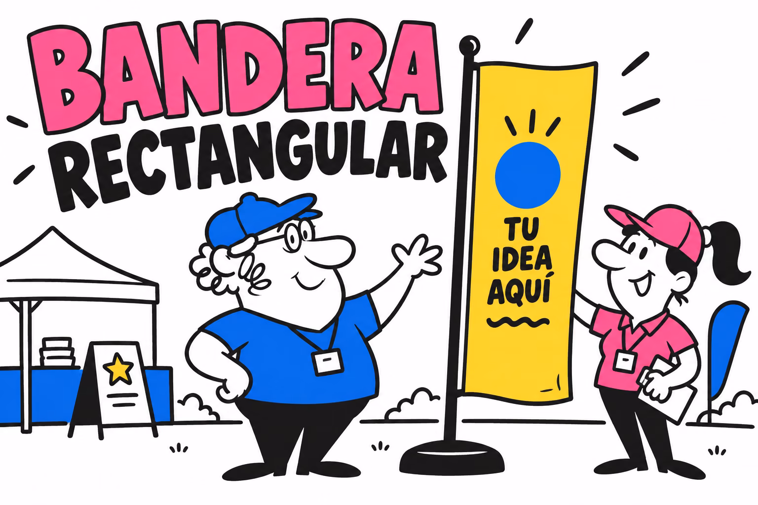 Profesionales ilustrados preparando bandera rectangular con mástil