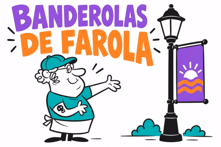 Profesionales ilustrados preparando banderolas textiles de farola