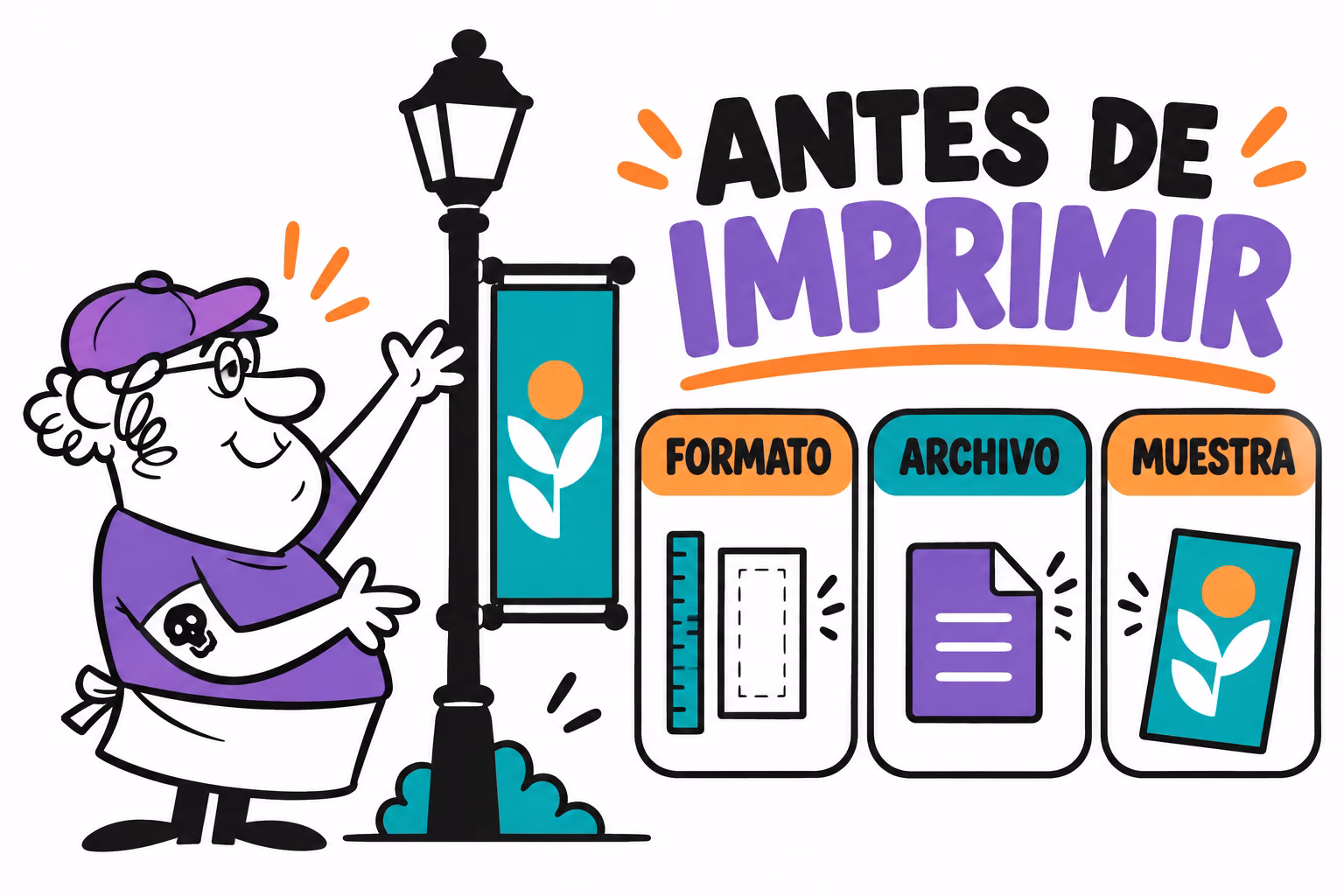 Infografía de formato, archivo y muestra para banderolas textiles de farola