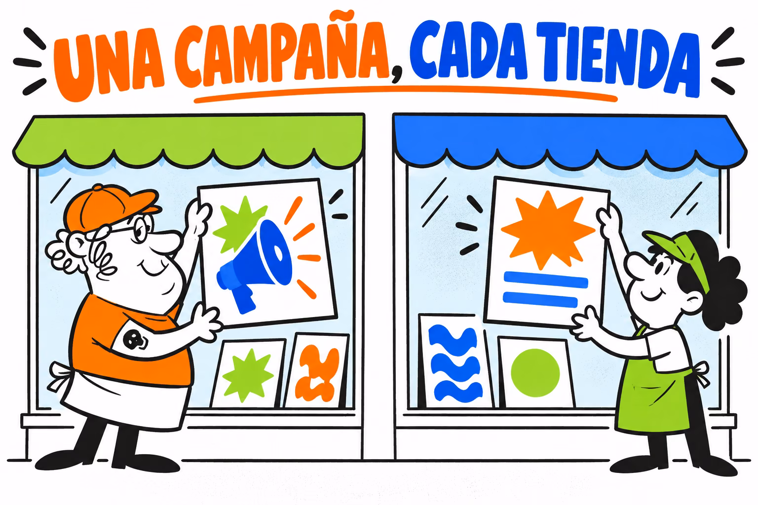 Impresor y responsable de tienda ilustrados preparando una campaña en escaparates