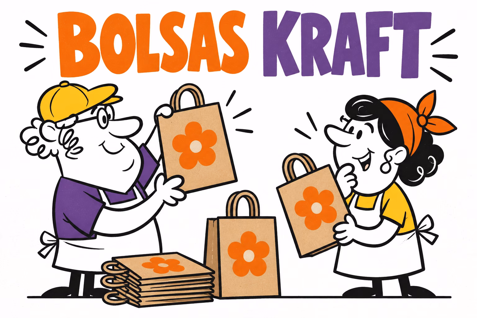 Profesionales ilustrados preparando bolsas kraft personalizadas