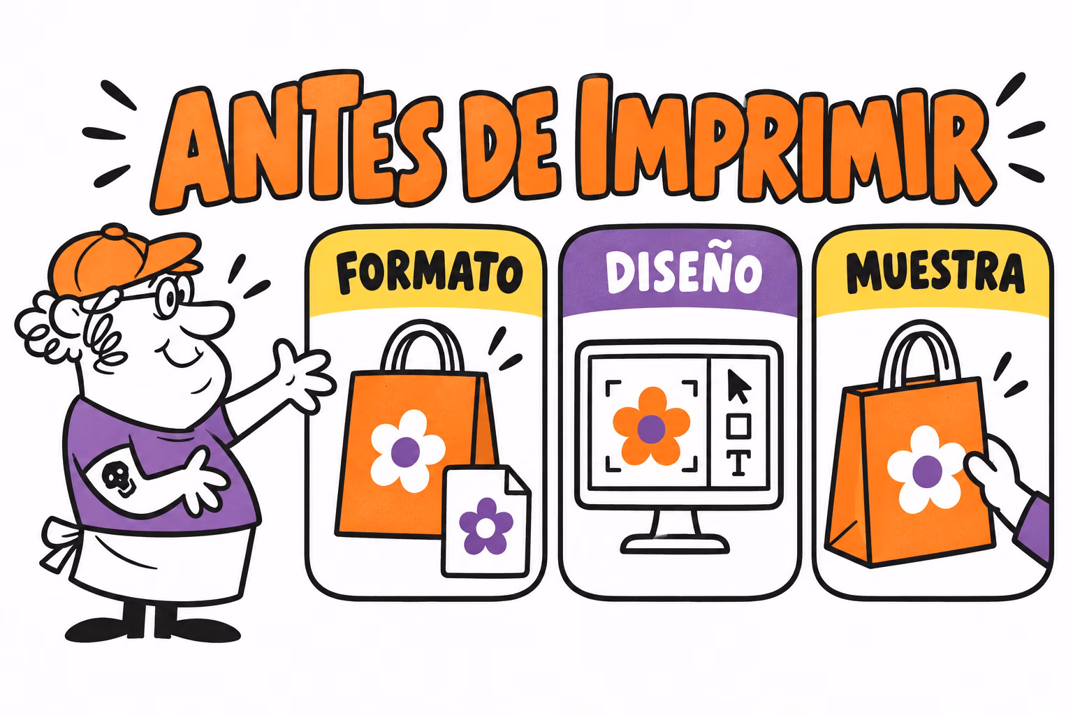 Infografía de formato, diseño y muestra para bolsas kraft personalizadas
