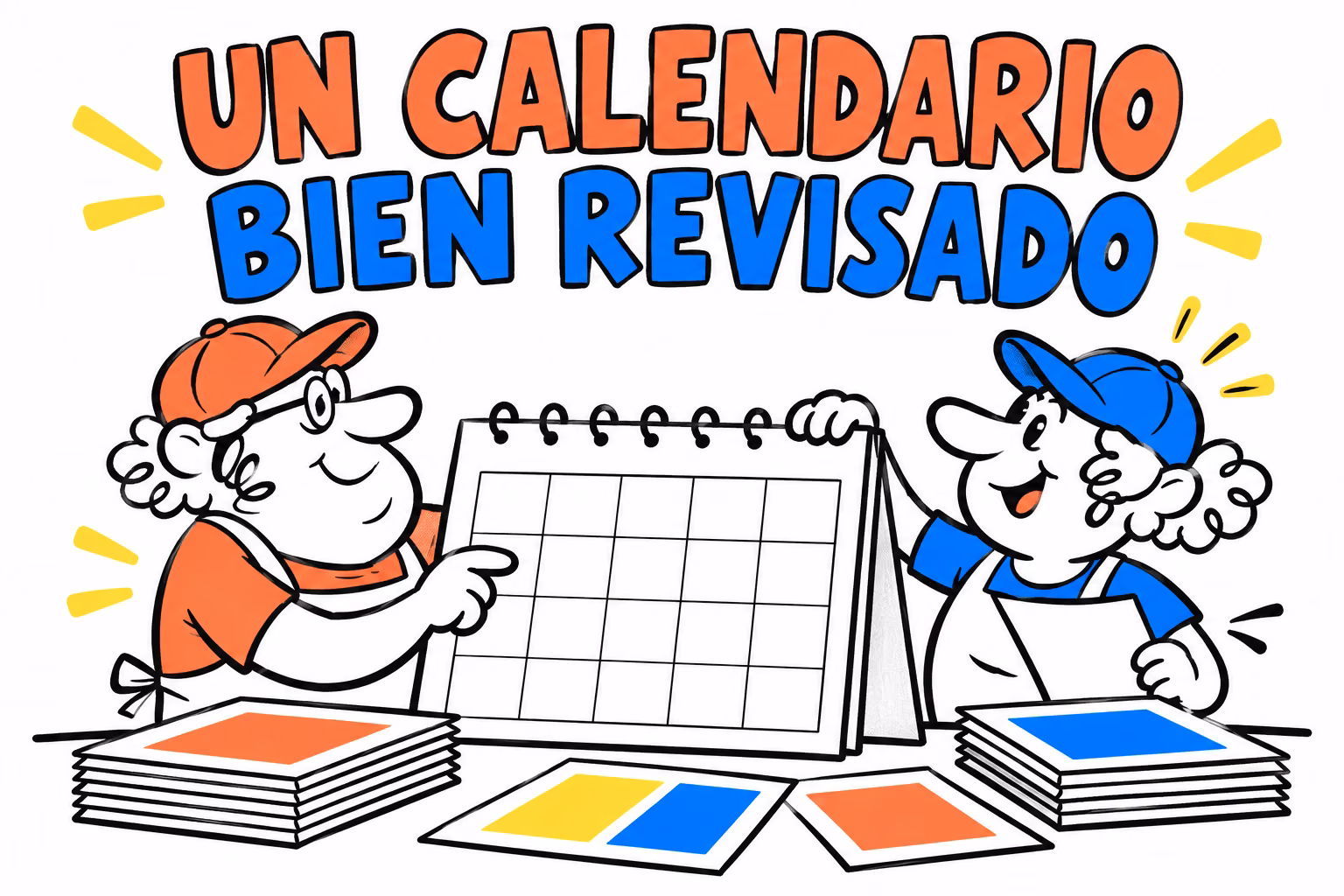 Profesionales ilustrados revisando una cuadrícula conceptual y páginas de un calendario