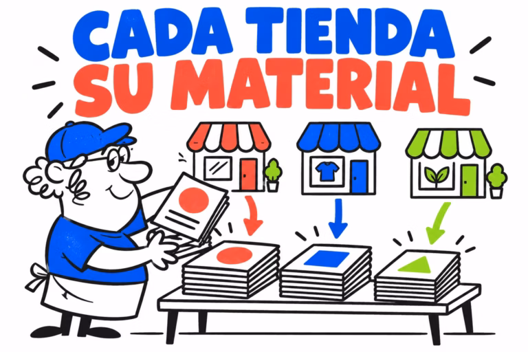 Impresor ilustrado organizando lotes de materiales para varias tiendas