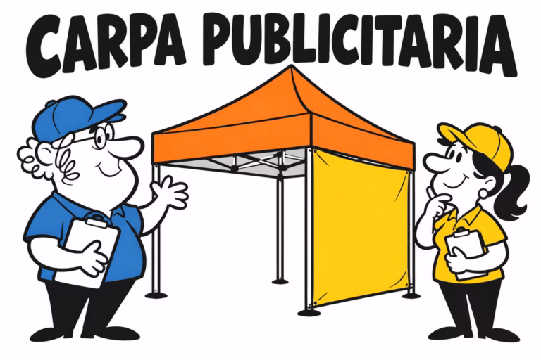 Profesionales ilustrados preparando carpa publicitaria