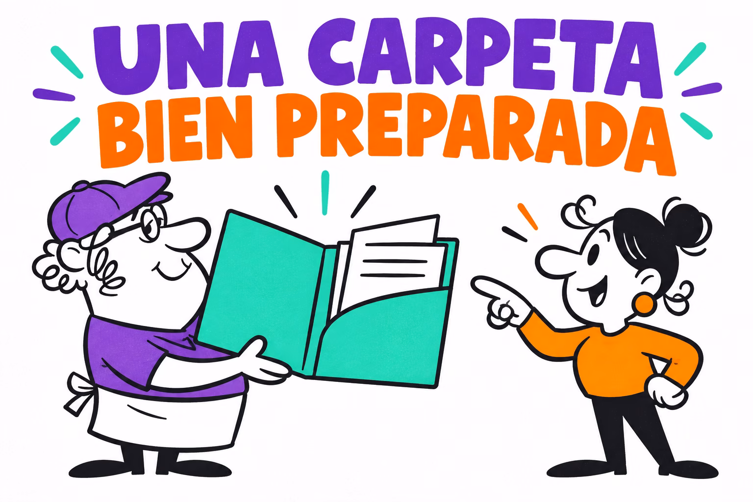 Impresor ilustrado mostrando una carpeta con bolsillo y hojas a una diseñadora
