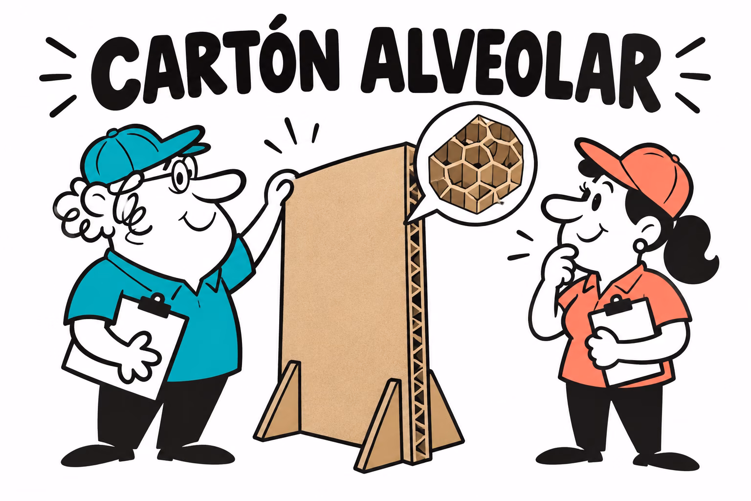 Profesionales ilustrados preparando cartón alveolar impreso