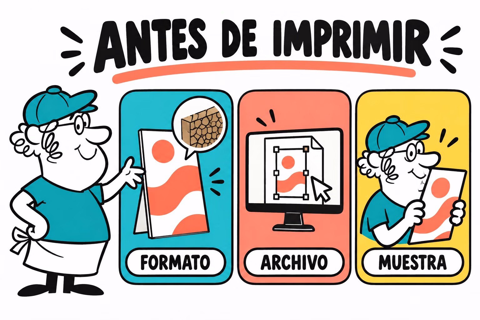 Infografía de formato, archivo y muestra para cartón alveolar impreso