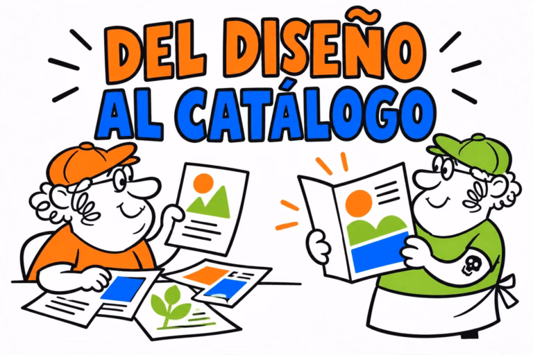 Impresor y diseñadora ilustrados preparando catálogo en canva