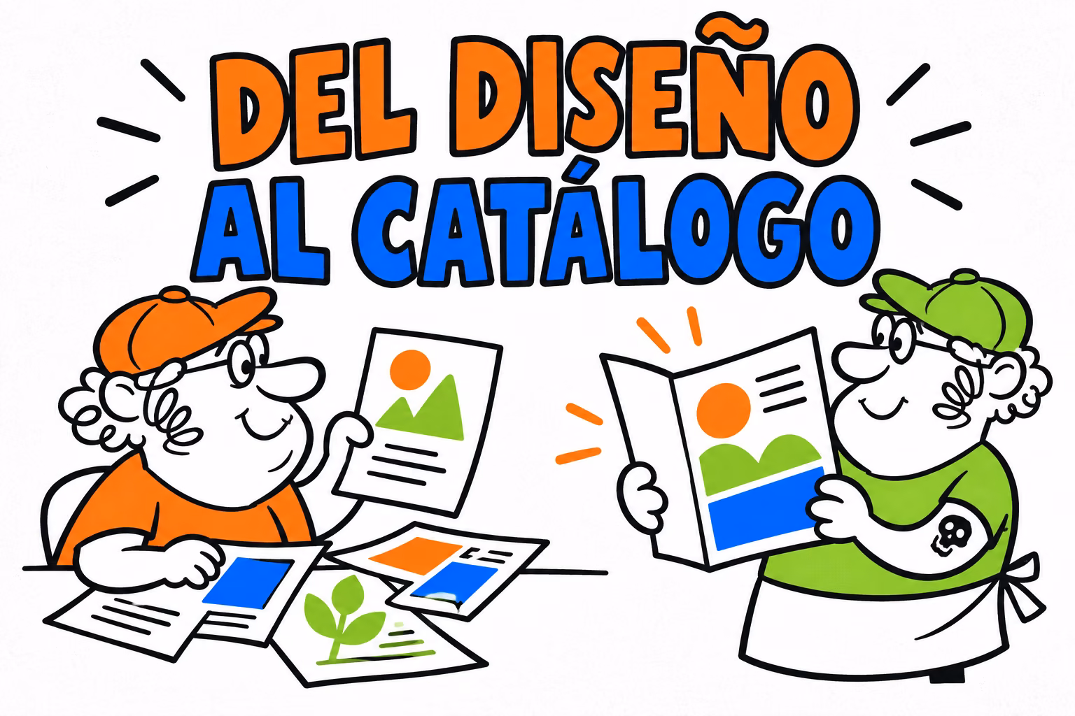 Impresor y diseñadora ilustrados preparando catálogo en canva