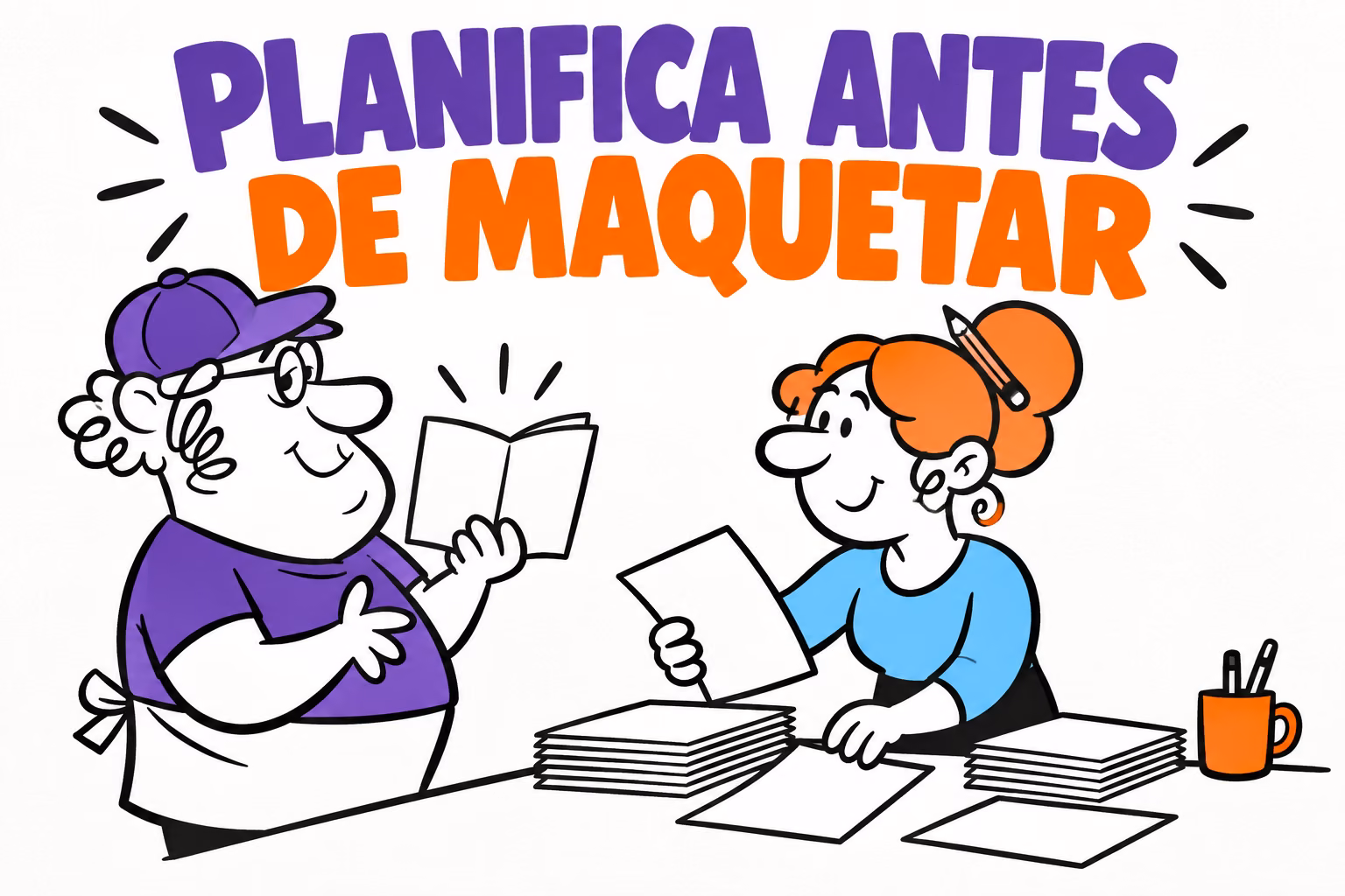 Impresor con catálogo fino y diseñadora organizando hojas