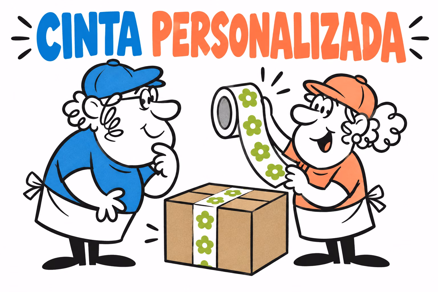 Profesionales ilustrados preparando cinta adhesiva personalizada