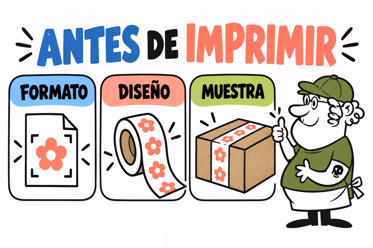 Infografía de formato, diseño y muestra para cinta adhesiva personalizada
