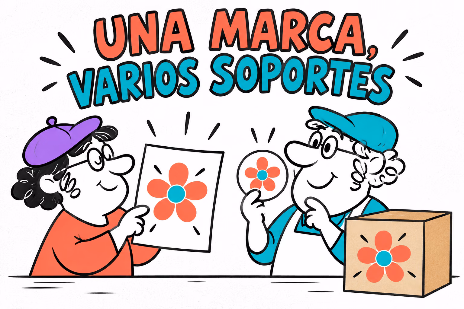 Diseñadora e impresor ilustrados comparando un logo genérico en papel, pegatina y caja