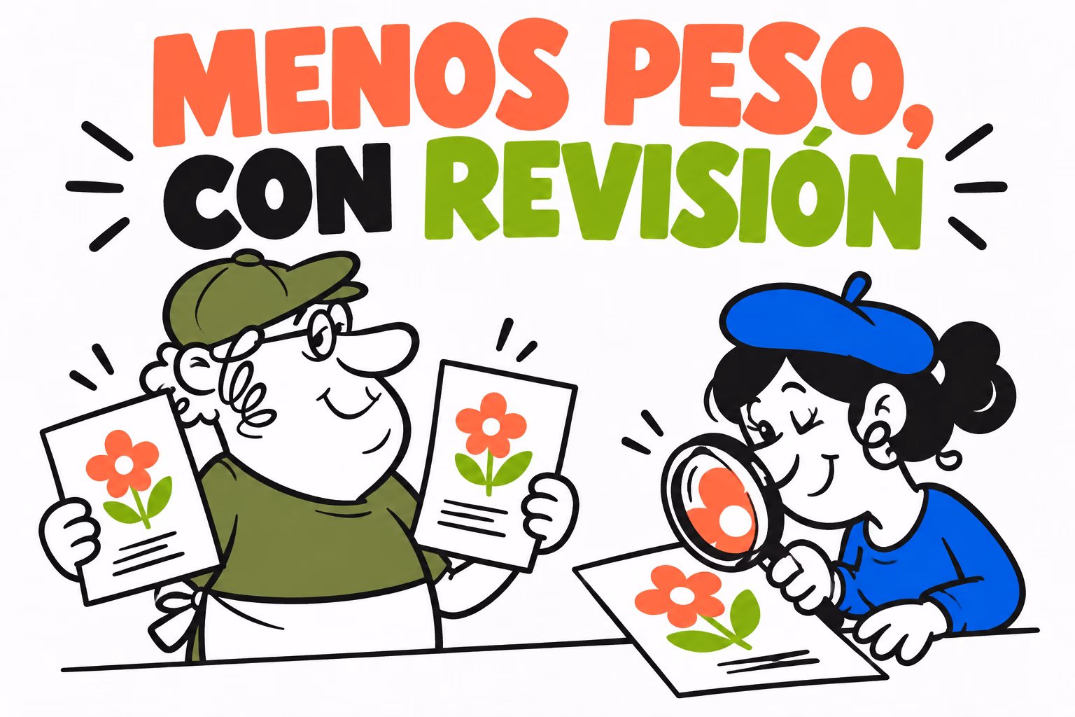 Impresor y diseñadora comparando documentos PDF y detalle de una ilustración