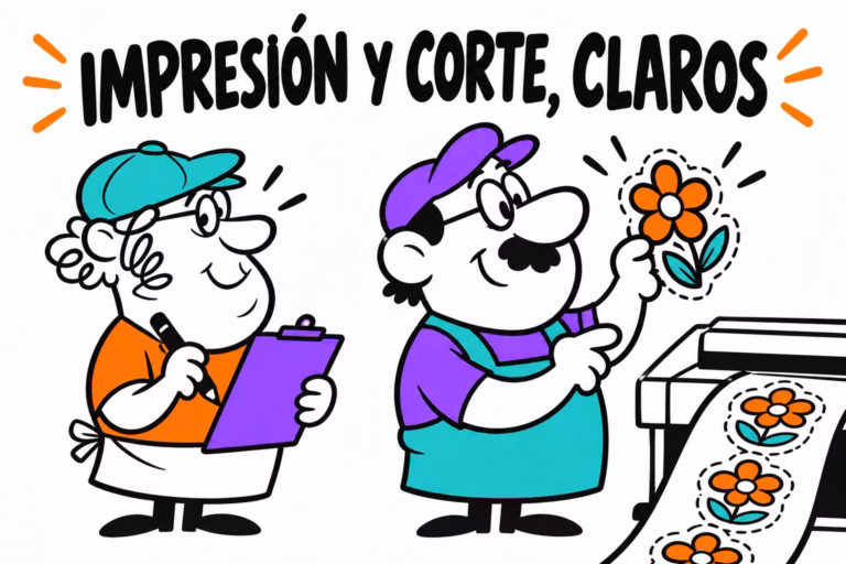Impresor y diseñadora ilustrados examinando el contorno de una pegatina