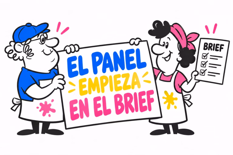Dos impresores ilustrados revisando un panel rígido y su ficha de encargo