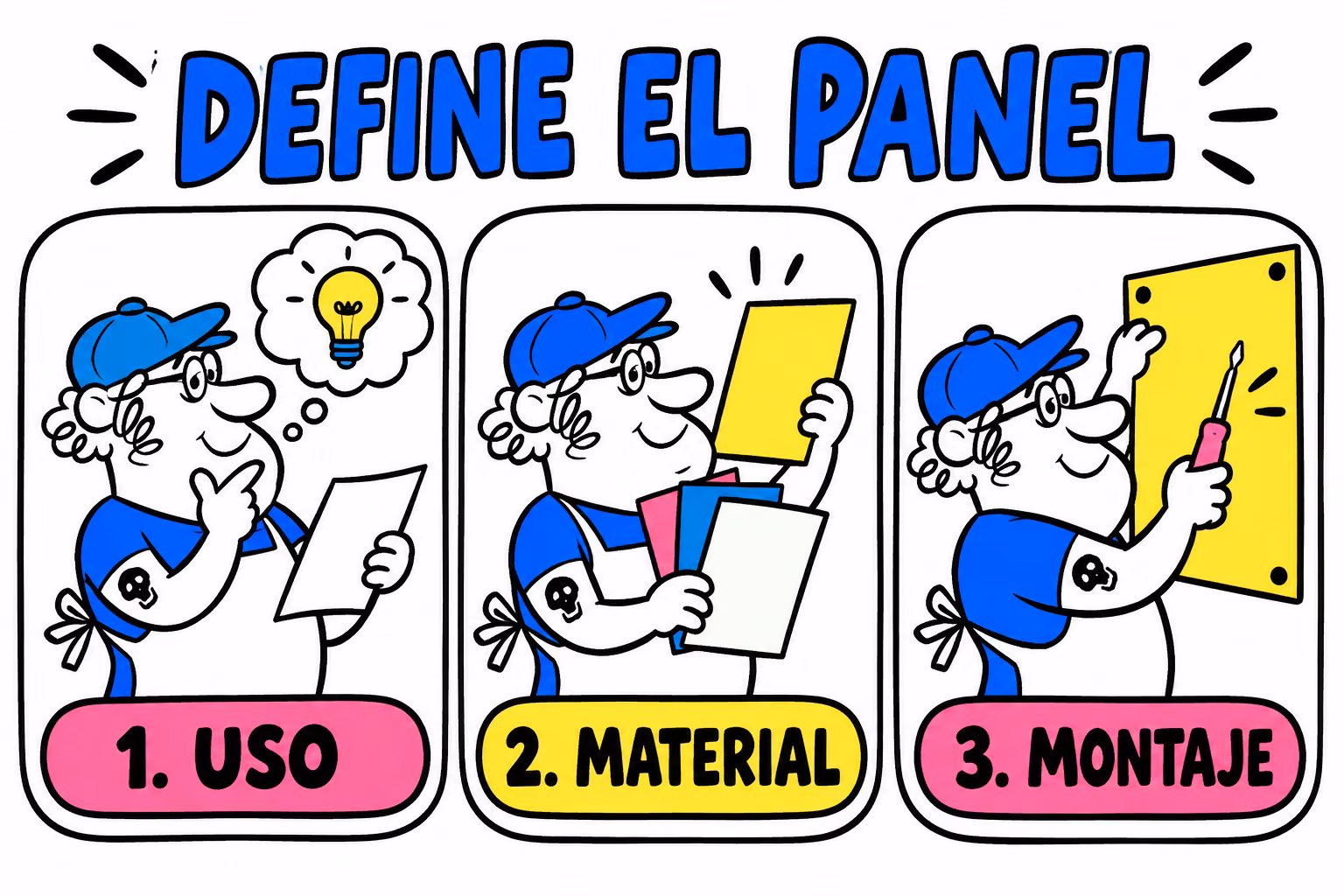 Infografía de tres pasos para definir uso, material y montaje de un panel