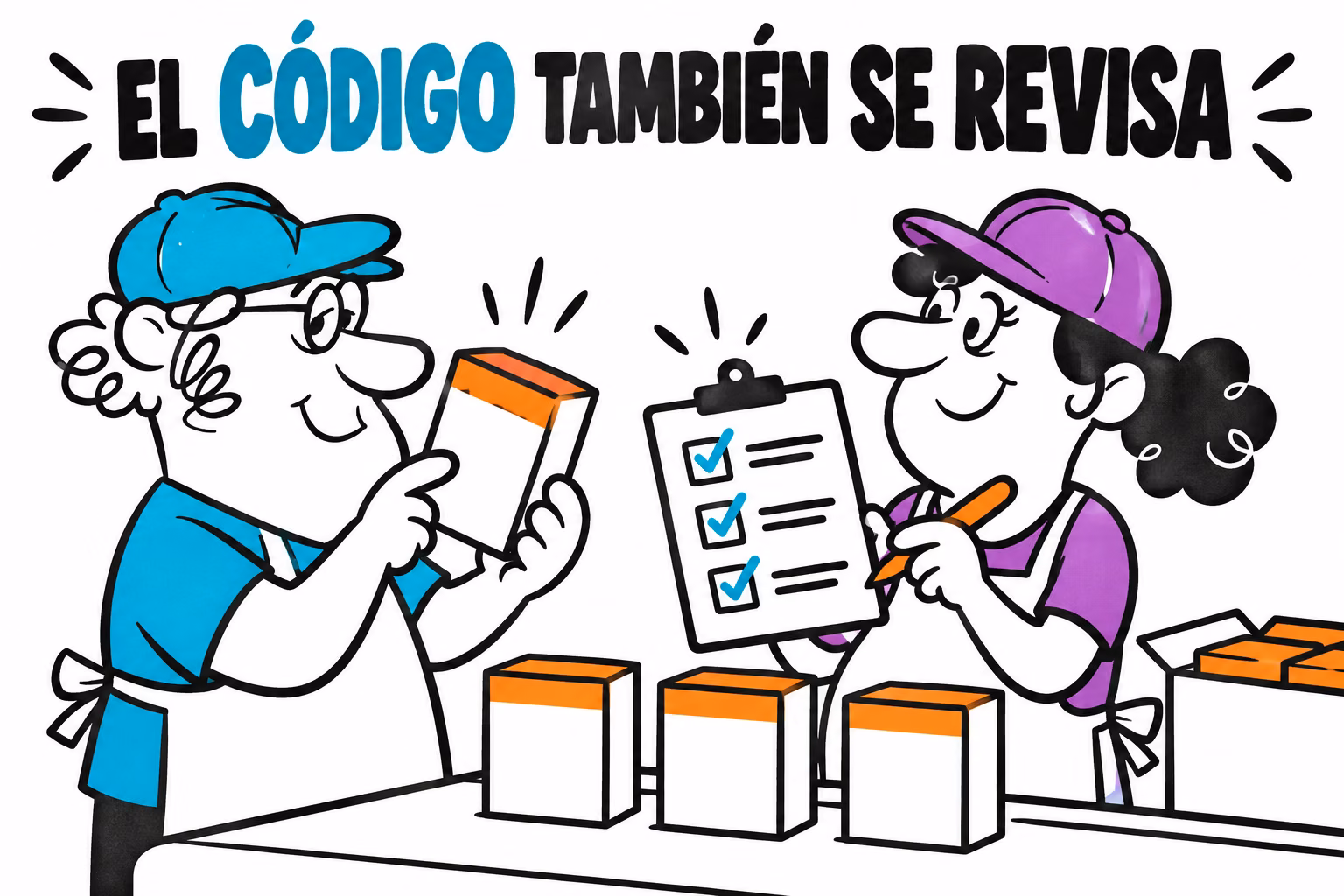 Profesionales ilustrados revisando envases y una ficha de control de etiquetas