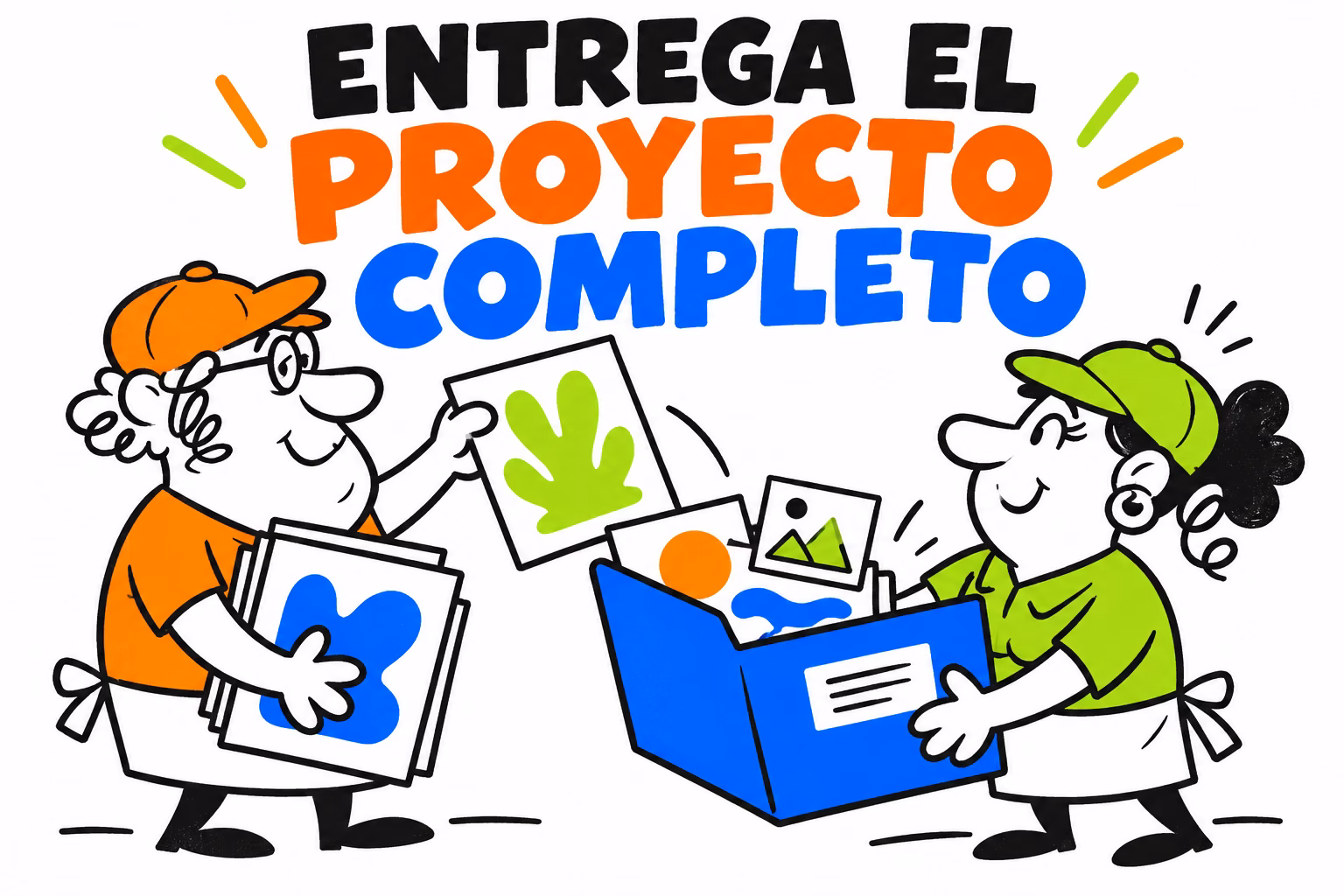 Profesionales ilustrados reuniendo un documento y recursos gráficos en una carpeta