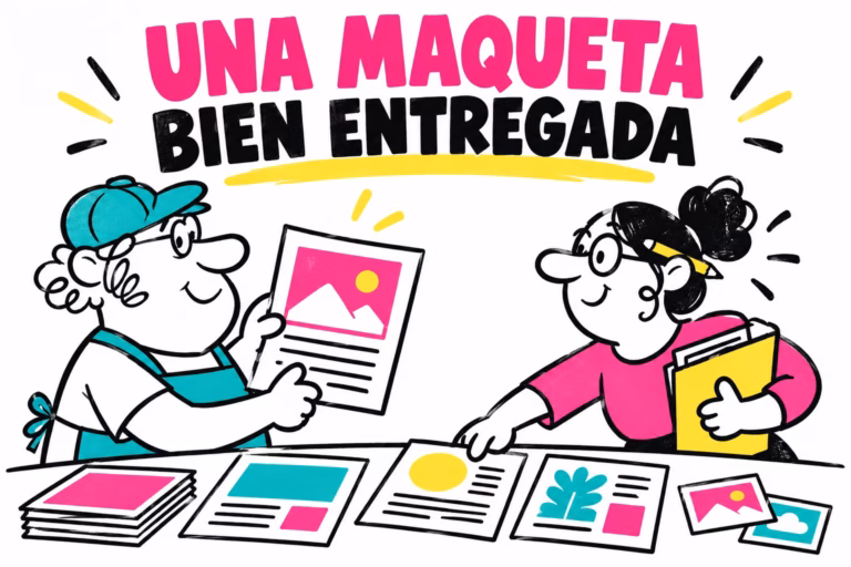 Profesionales ilustrados organizando páginas, fotografías y una carpeta de maquetación