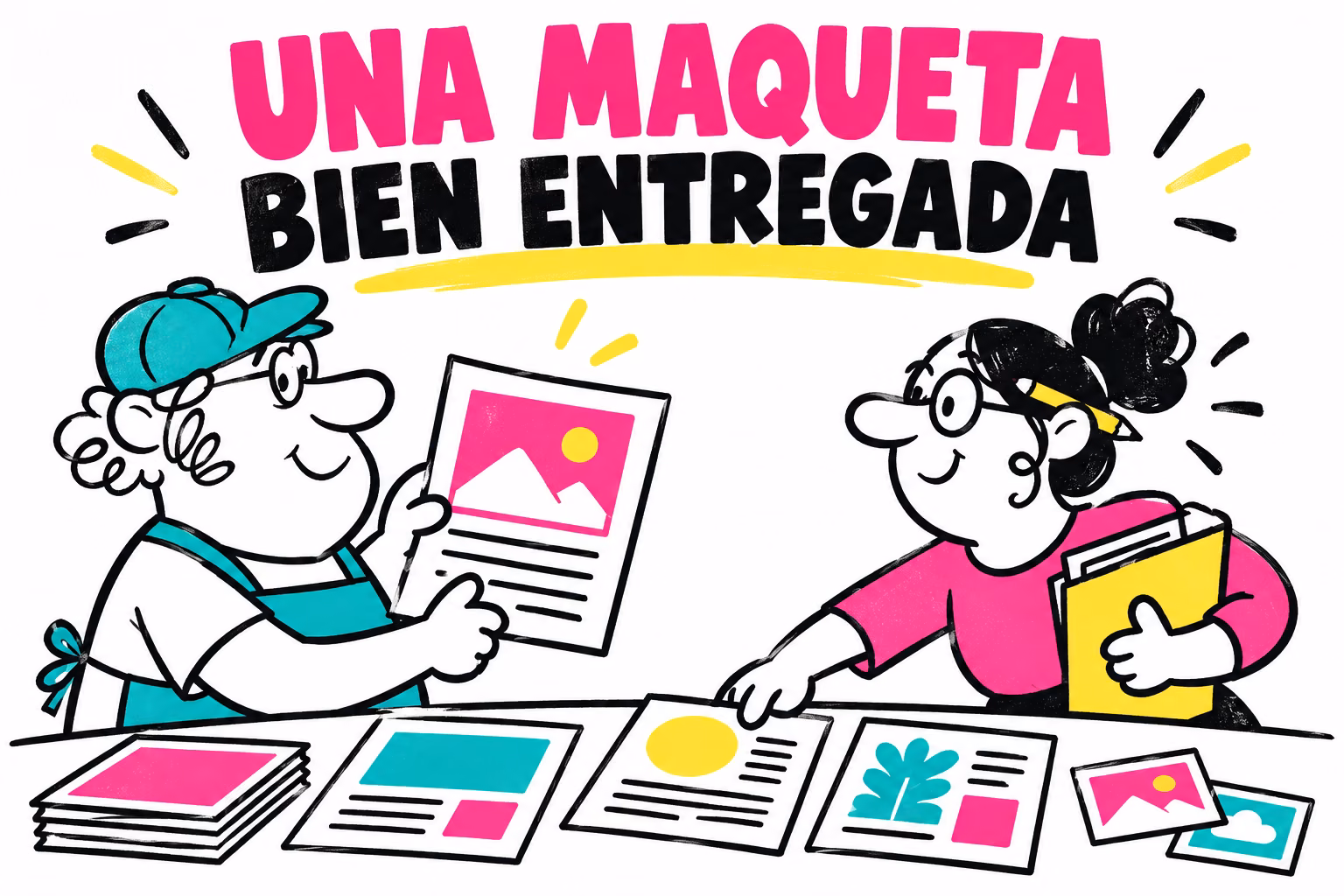 Profesionales ilustrados organizando páginas, fotografías y una carpeta de maquetación