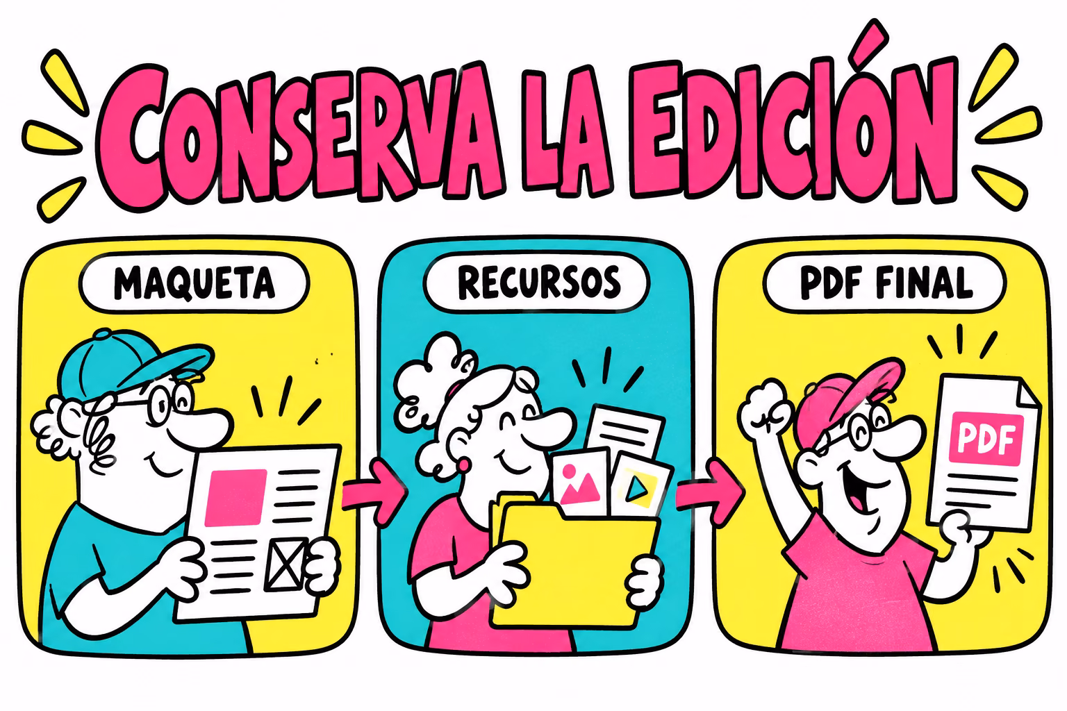 Infografía de maqueta, recursos y PDF final de una entrega InDesign