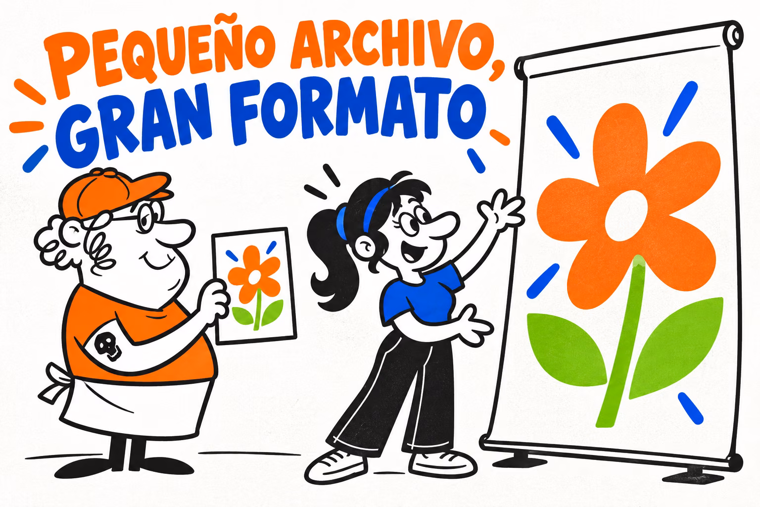 Diseñador e impresor ilustrados comparando un dibujo pequeño y una gráfica de gran formato