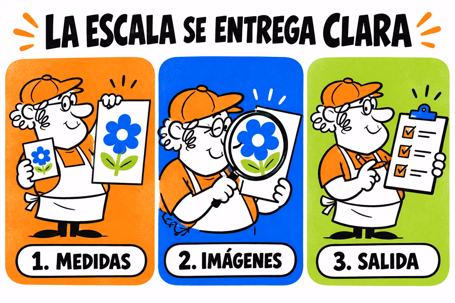 Infografía de medidas, imágenes y salida para un archivo a escala