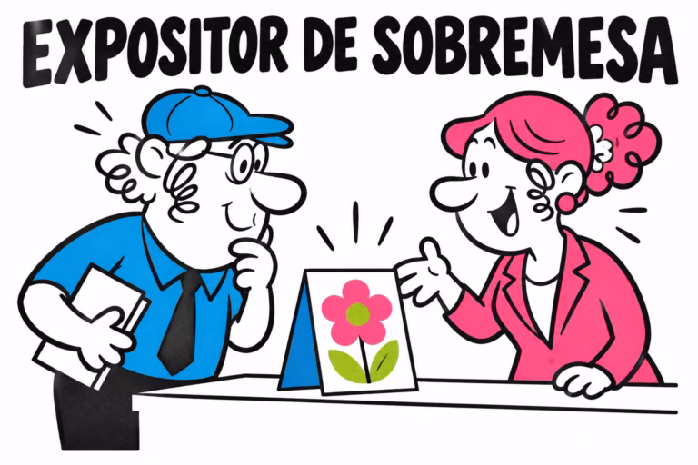 Profesionales ilustrados preparando expositor de sobremesa