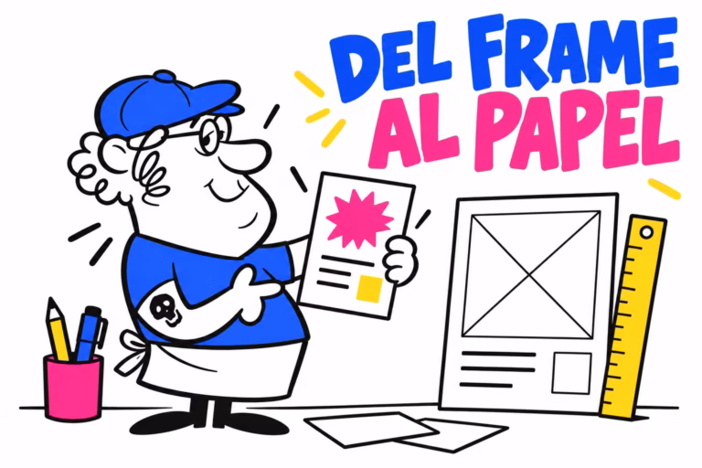 Diseñador ilustrado comparando un frame y una pieza de papel en azul, rosa y amarillo