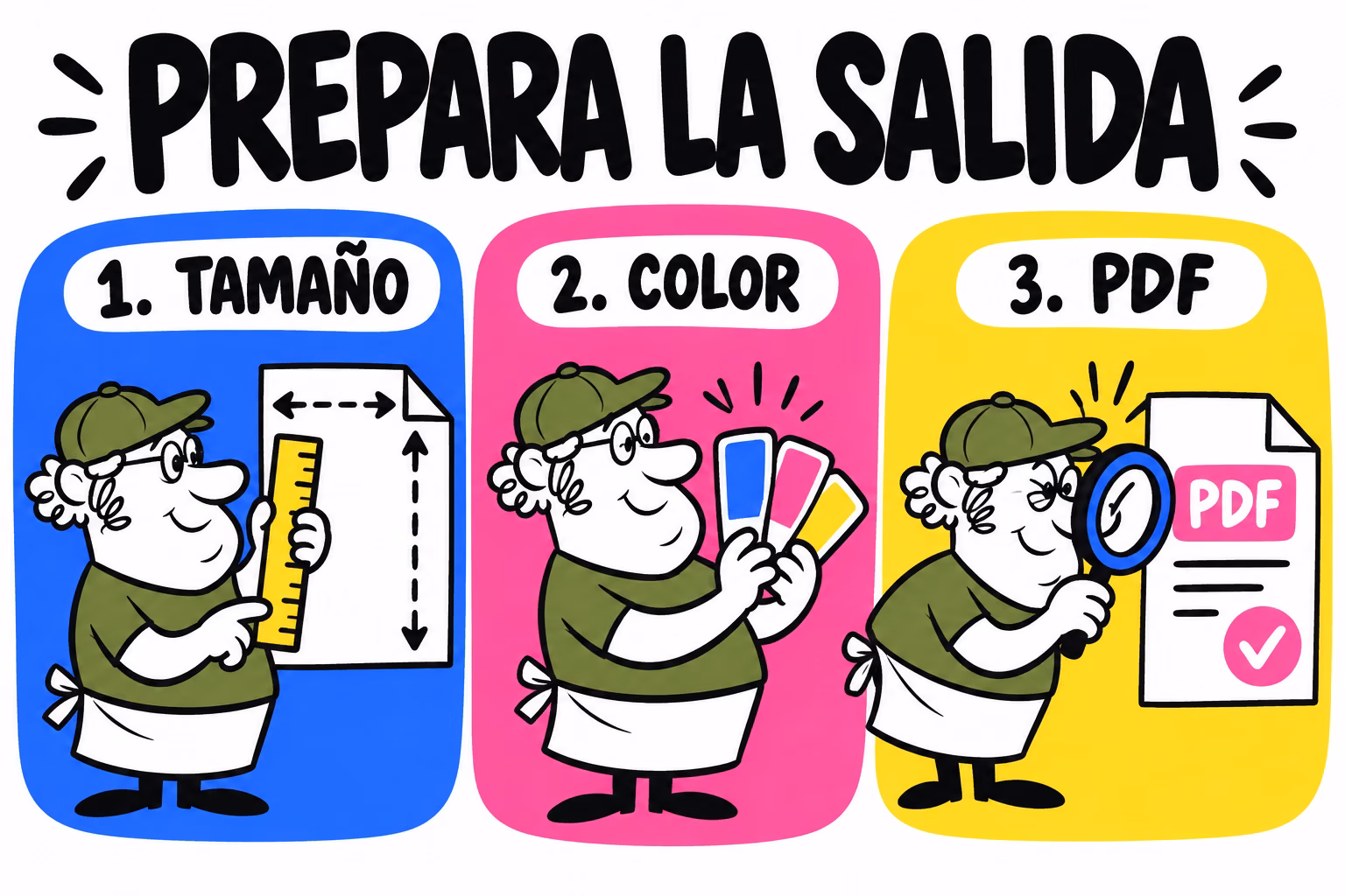 Infografía de revisión de tamaño, color y PDF antes de imprimir desde Figma