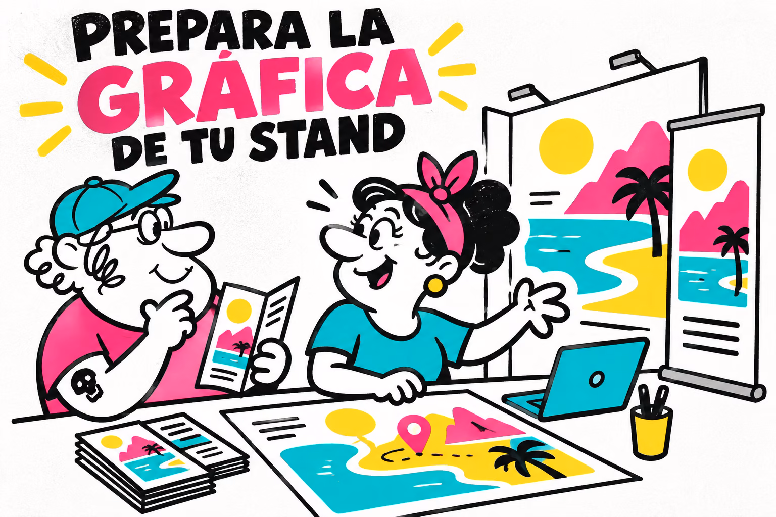 Profesionales ilustrados organizando carteles y folletos de un stand turístico