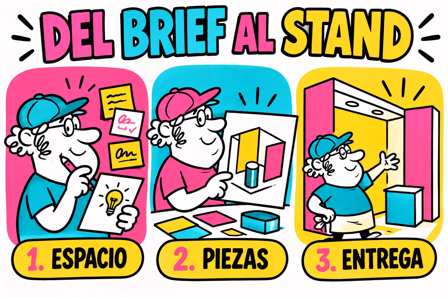 Infografía de espacio, piezas y entrega para organizar la gráfica de un stand