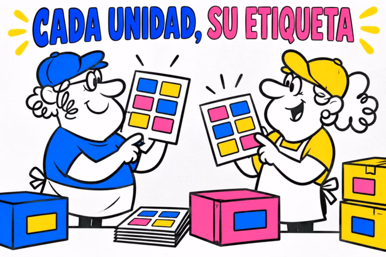 Dos impresores ilustrados relacionando etiquetas abstractas con cajas de producto