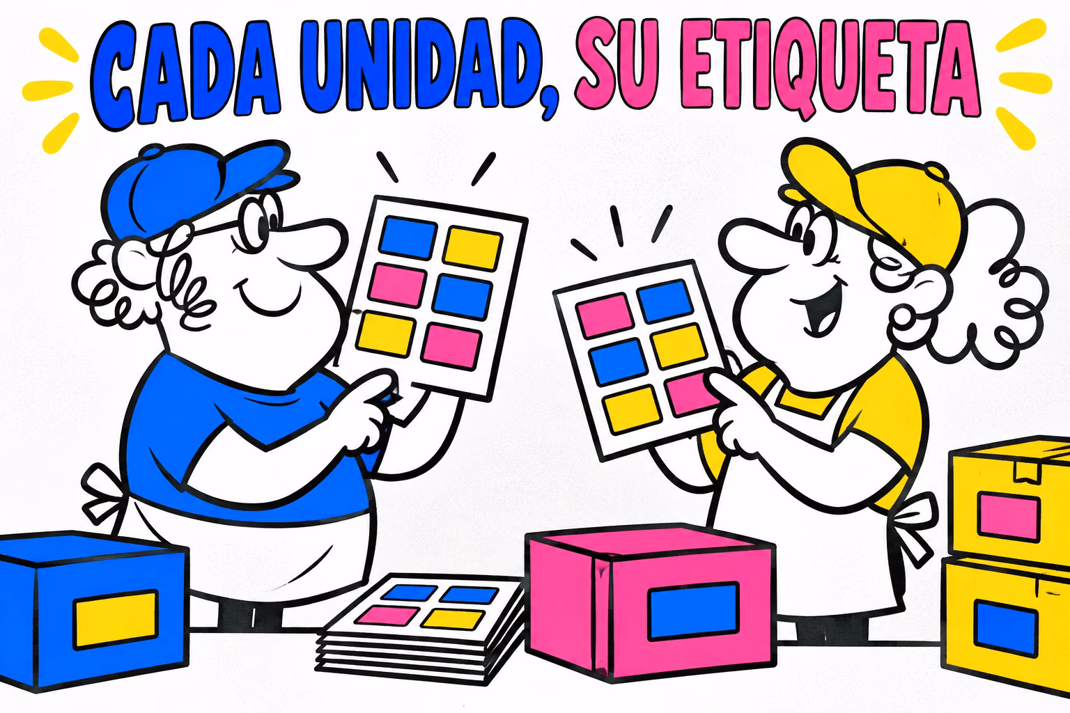 Dos impresores ilustrados relacionando etiquetas abstractas con cajas de producto