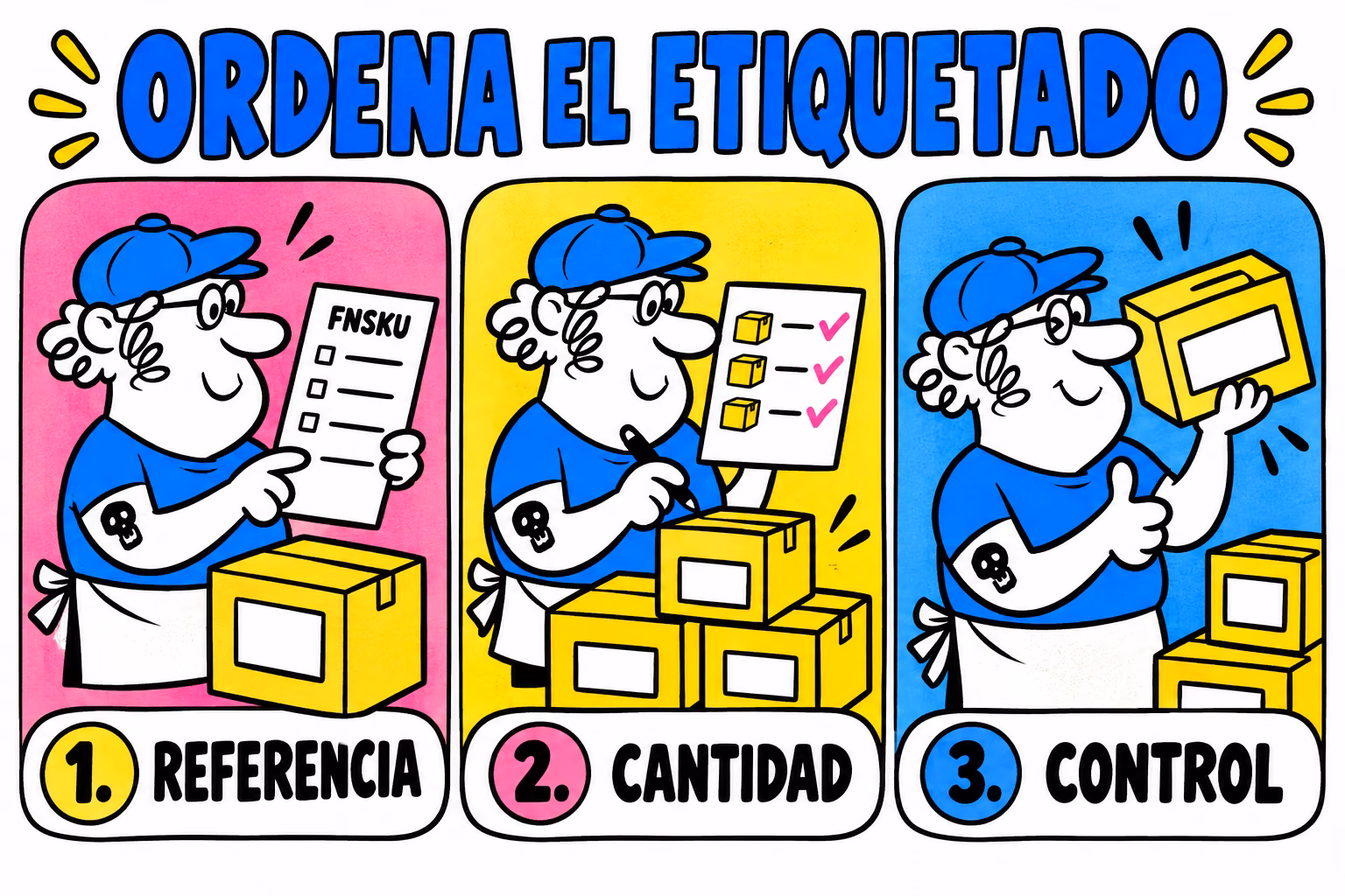 Infografía de referencia, cantidad y control de un encargo de etiquetas FNSKU