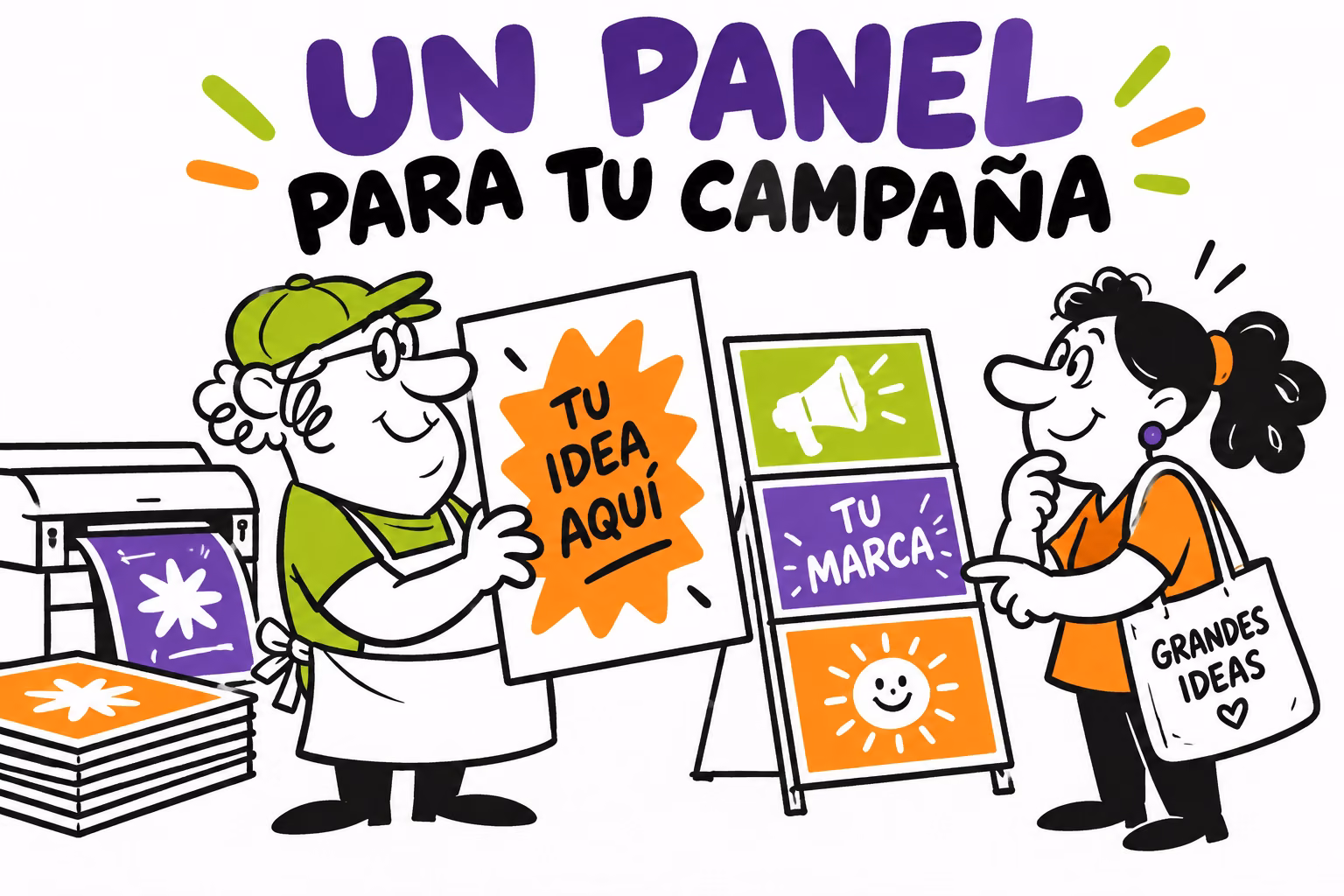 Impresor y diseñadora ilustrados revisando paneles para una campaña de tienda