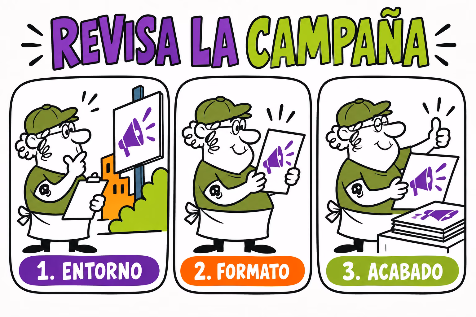Infografía para revisar entorno, formato y acabado de paneles de campaña