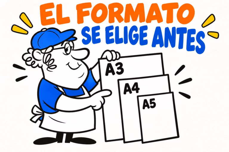 Impresor ilustrado con tres hojas identificadas como A3, A4 y A5