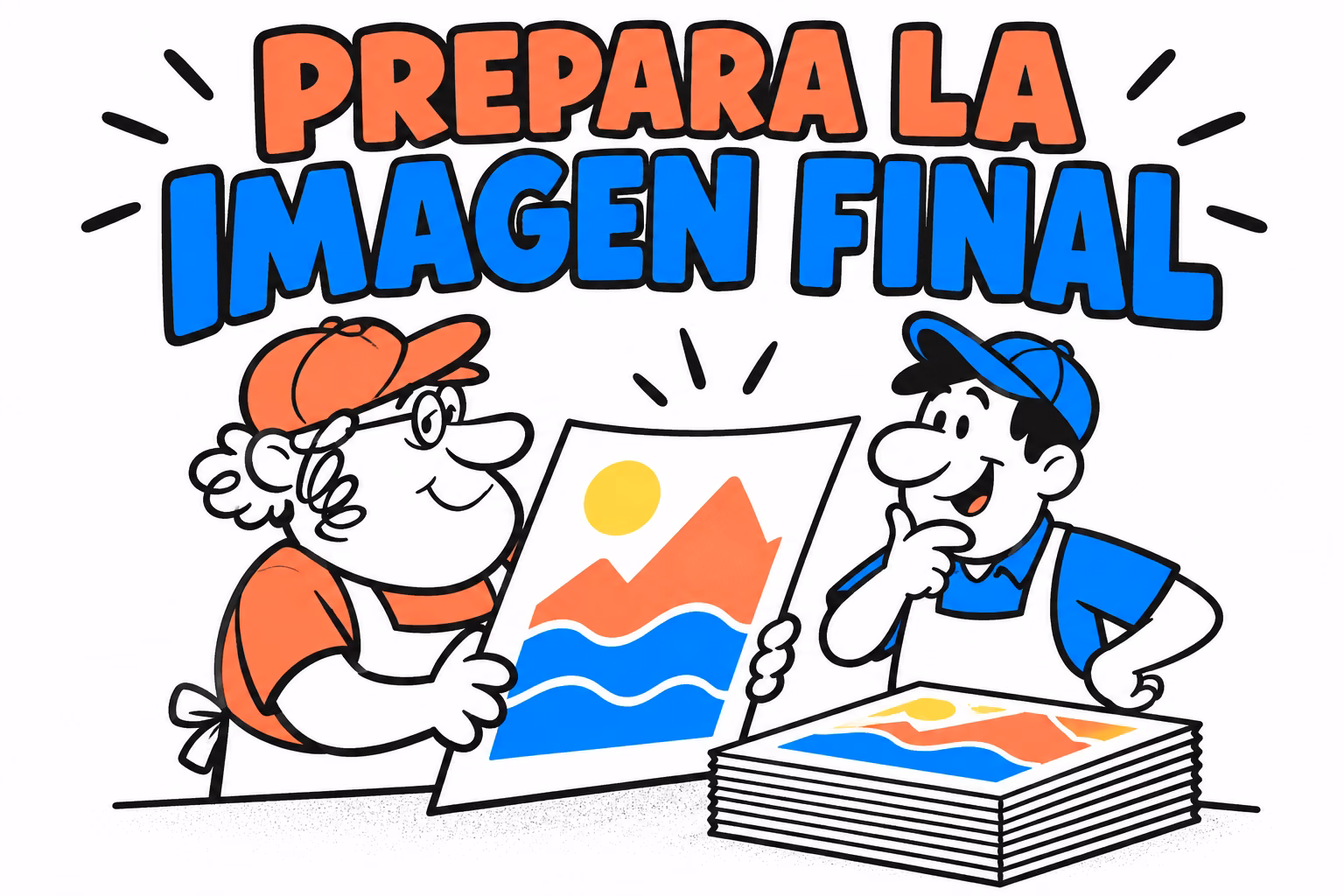 Profesionales ilustrados revisando una imagen preparada para impresión