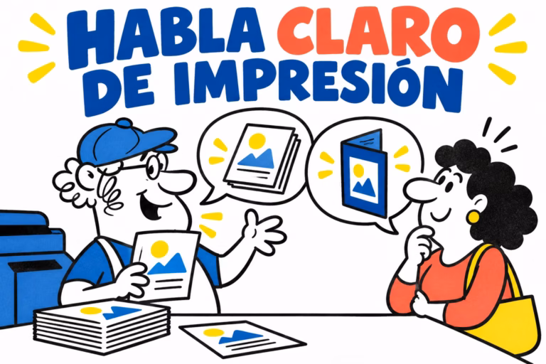 Impresor ilustrado explicando documentos y acabados a una clienta
