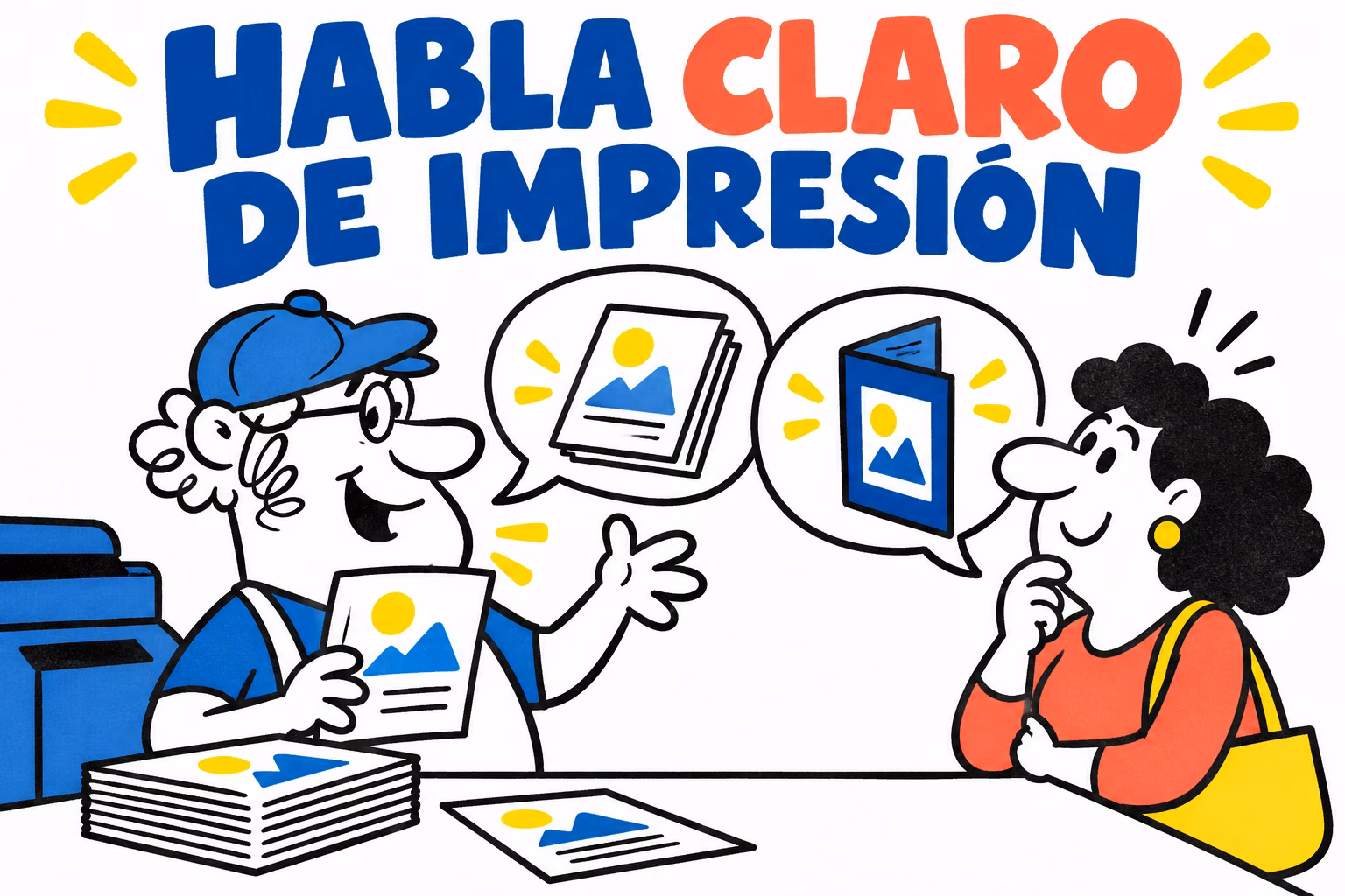 Impresor ilustrado explicando documentos y acabados a una clienta